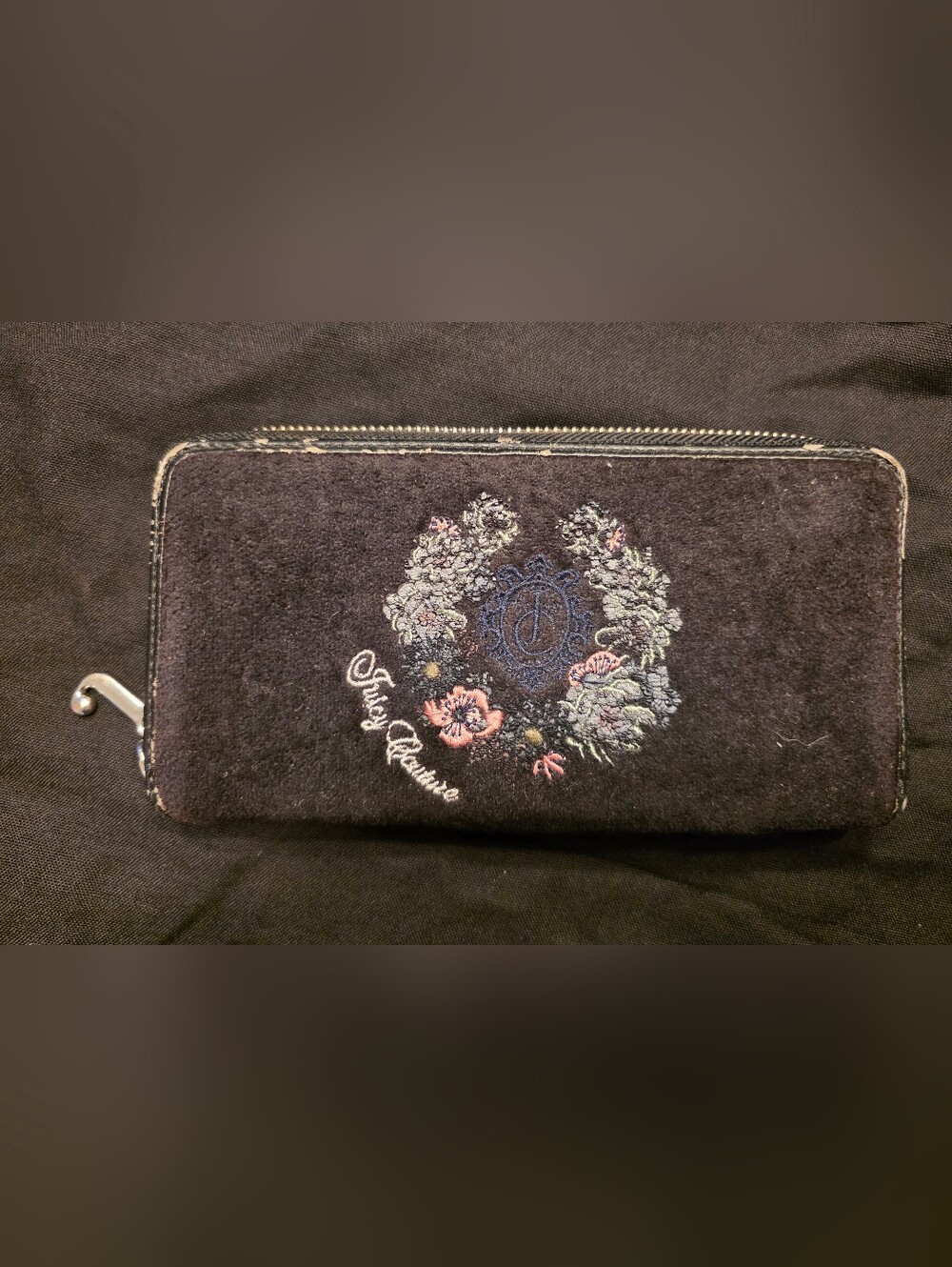 Juicy Couture Black Embroidered Floral Velvet Wallet